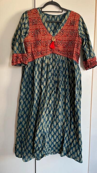 Indian Cotton Block-Print Summer Midi Dress | Green & Rust Red | Boho Ajrakh Style | Size L