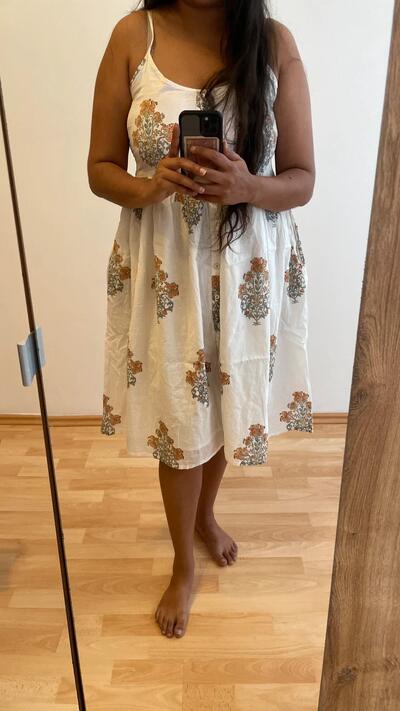 Indian Block Print White Cotton Sundress With Pockets | Floral Mughal Motif | Size M-L
