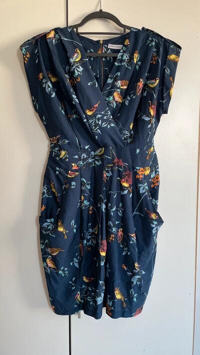 Vintage Style Navy Bird Print Dress | Draped V-Neck | Zip | Pockets