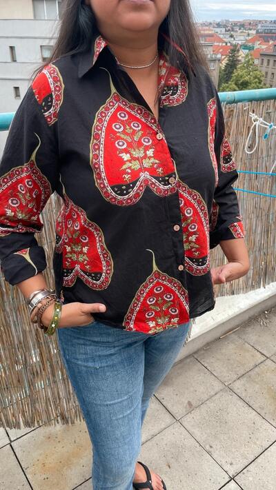 Indian Cotton Summer Shirt · Black & Red Block Print · Heart Shape Motif · Size L