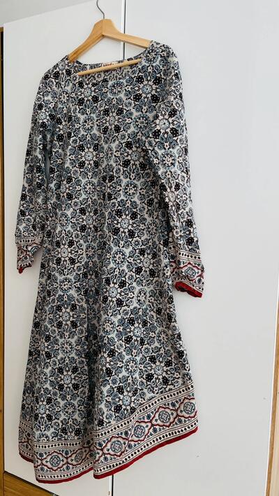 India Summer Cotton Block-Print Asymmetrical Midi Dress | Size L