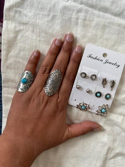 Boho silver tone & turquoise stone earrings and rings