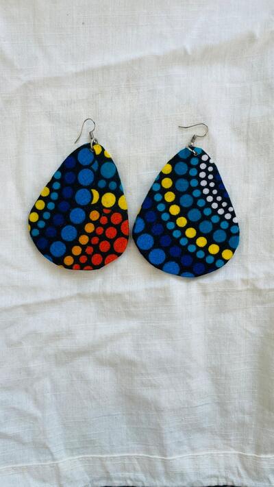 Handmade African Blue Dotted Fabric Large Dangle Earrings