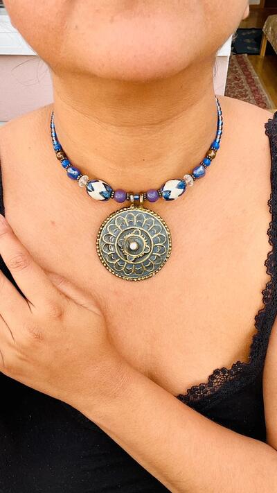 Boho Indian Necklace | Brass Pendant | Blue Beads