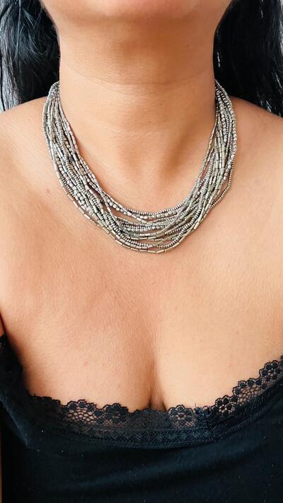 Multi-Strand Silver Tone Bead Necklace | Boho | Elegant