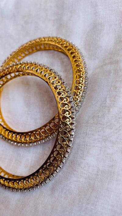 Gold Plated 2 Bangles White Stone Crystal Bracelets
