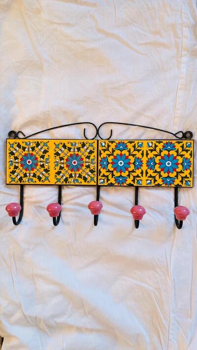 Indian Handcrafted 6 Hook Hanger with Floral Ceramic Tiles
