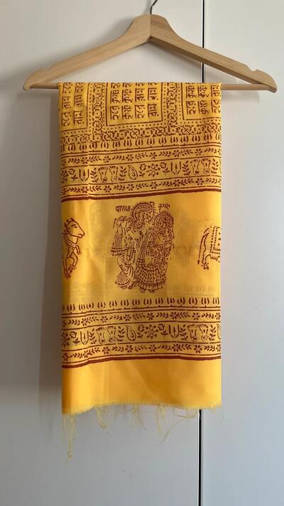 Indian yellow cotton Hare Rama Radhe Radhe shawl/scarf/stole