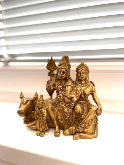 Antique Indian Brass Golden Lord Shiva Parvati and Ganesha Family Idol Statue