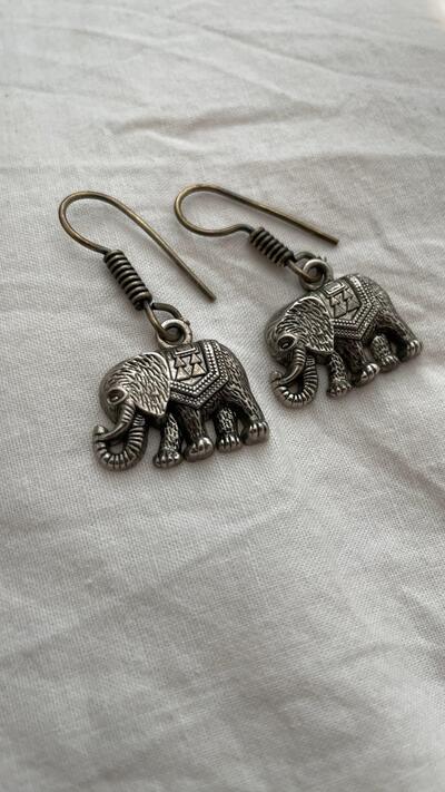 German Silver Elephant Drop Earrings | Boho Hippie Jewellery Indian