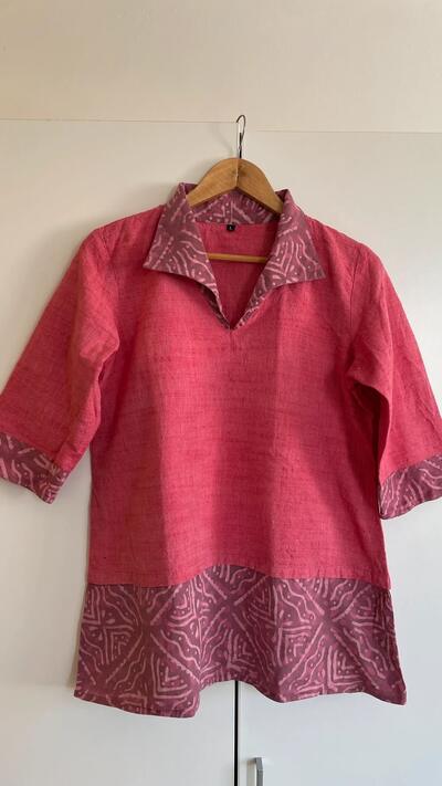 Indian Khadi Handwoven Cotton Linen Boho Tunic Summer Outfit | Coral Pink | Size L