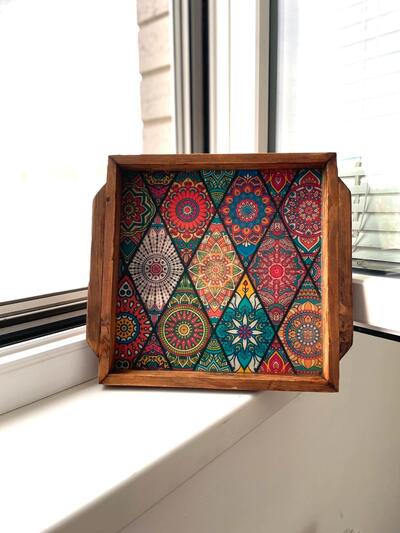 Boho Wooden Serving Tray with Mandala Pattern | Rustic Indian Ethnic Home Decor