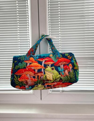 Woodland Whimsical Quilted Travel Duffel Bag Hippie Boho Weekender Bag Mushroom Frog Vintage