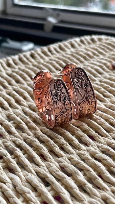 Vintage Copper Earrings | Floral Engraved | Bohemian Boho Ethnic Retro Jewellery